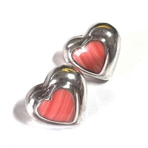 Sterling Silver Vintage Jewelry  Heart Earrings - Post Rhodochrosite 925 Mexico